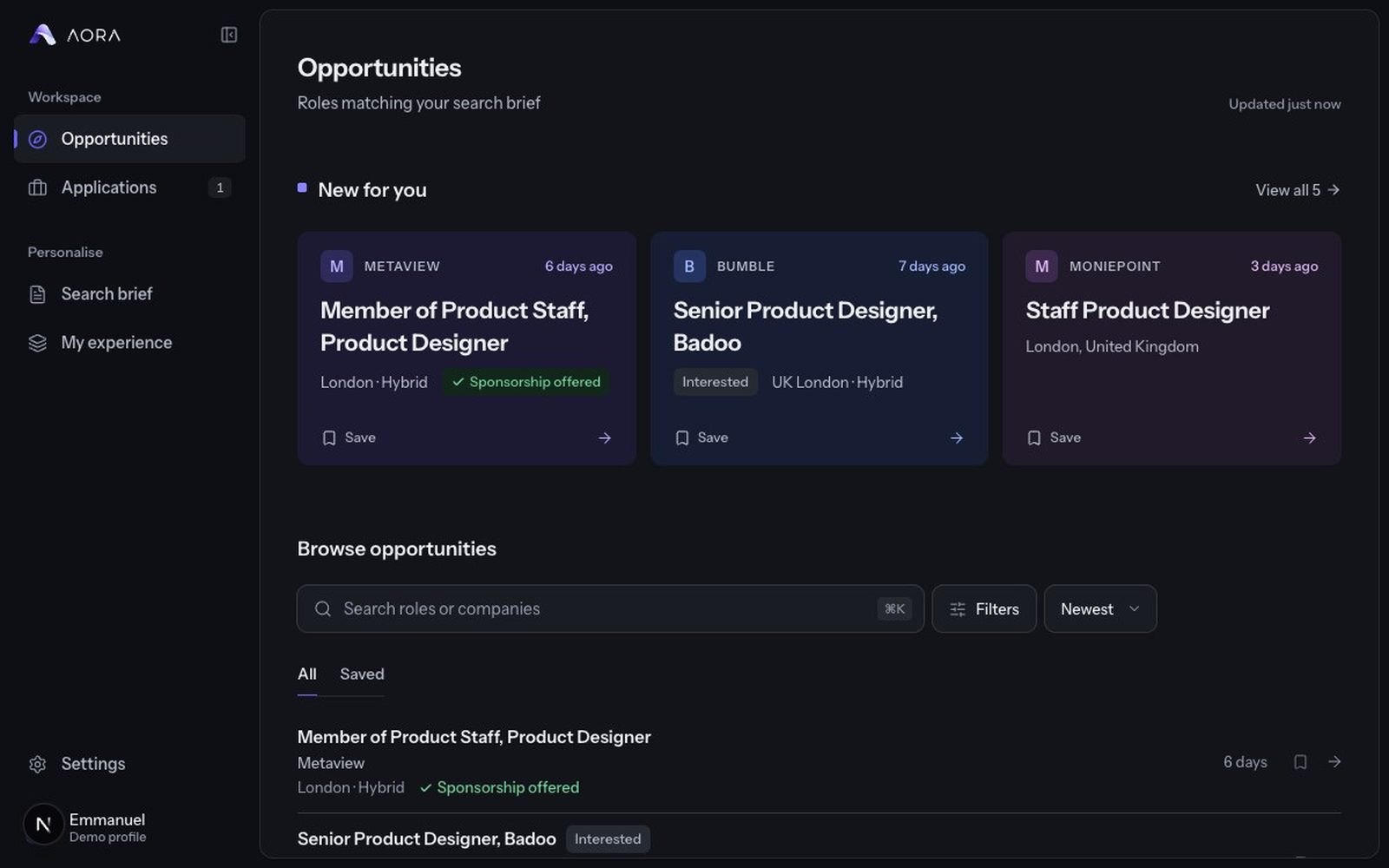The redesigned Opportunities page: New for you cards above a simple browse list with search, filters and sort