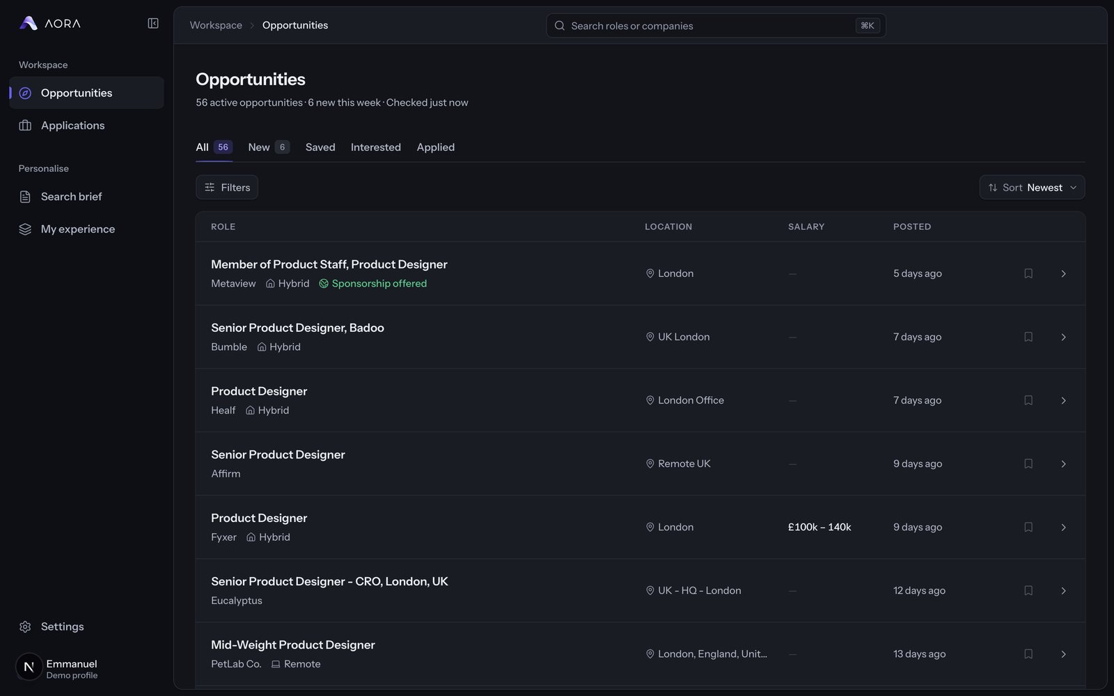 The earlier Opportunities page: a counts line, five tabs with counts, a filters button and a dense table of roles