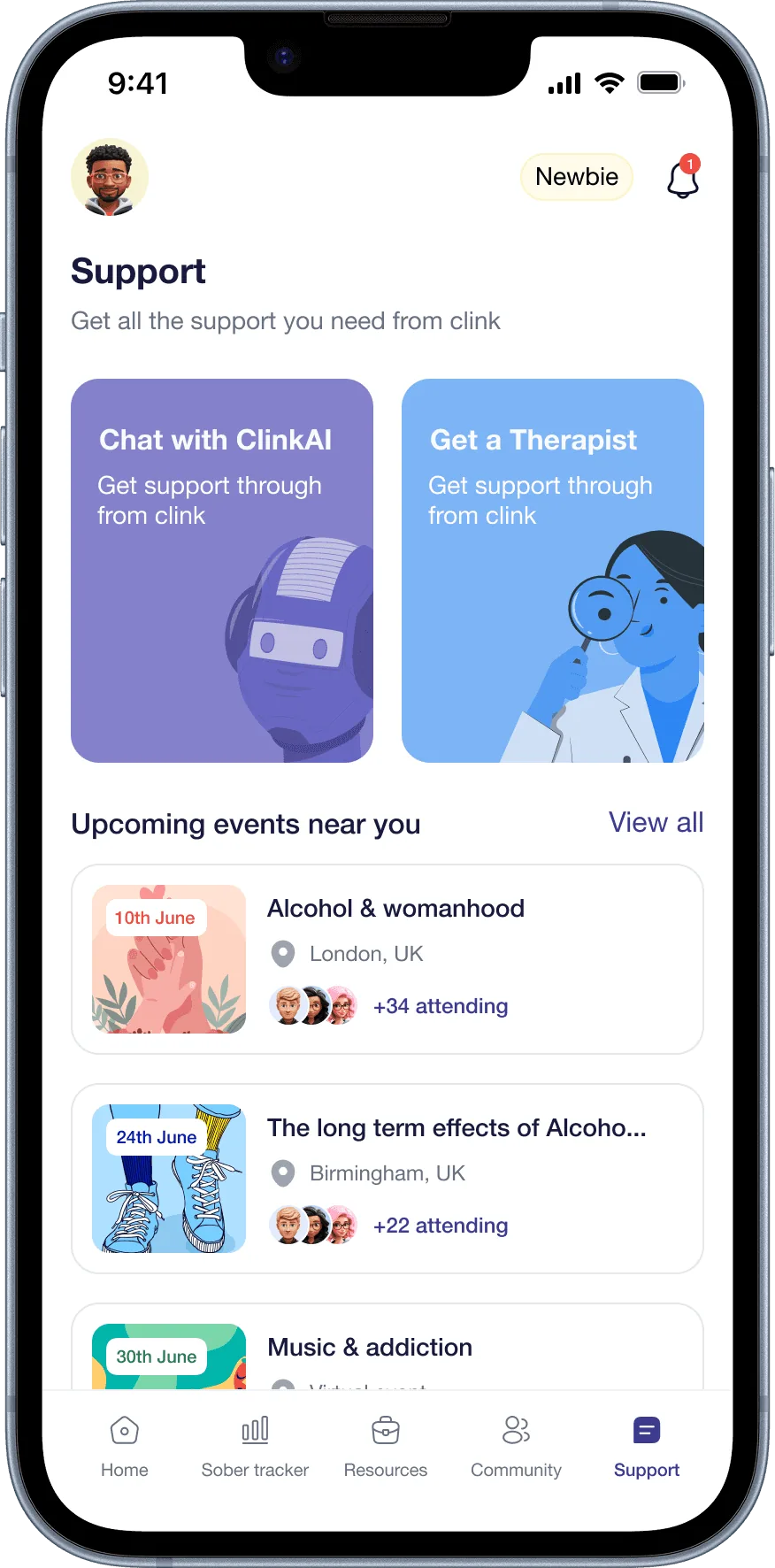 Clink therapist booking, screen 1