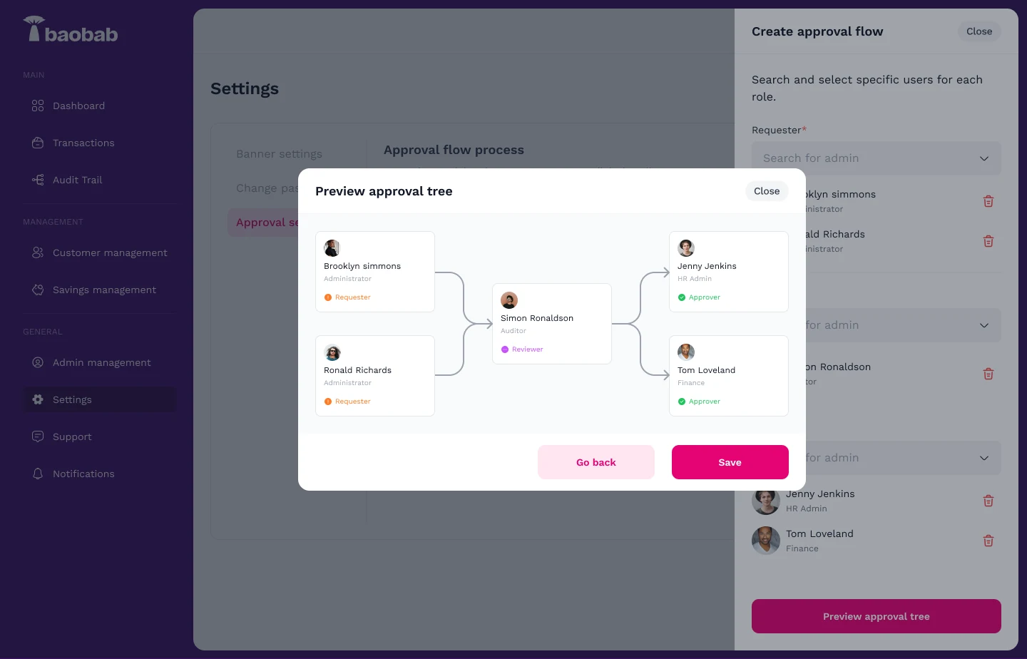 Previewing an approval tree in the Jollof+ admin settings