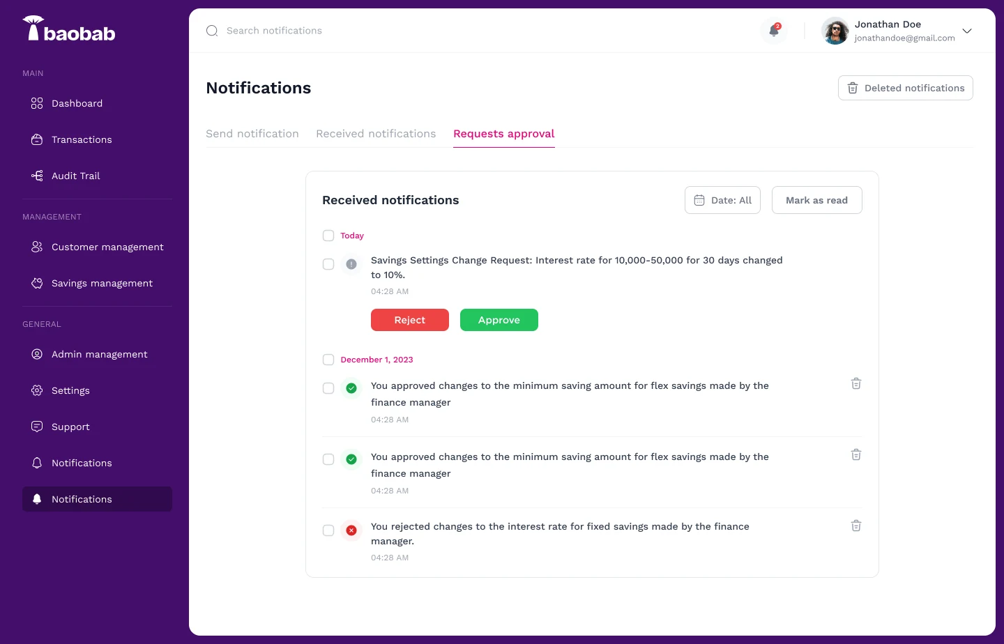 A savings settings change request with Approve and Reject buttons in the Jollof+ admin