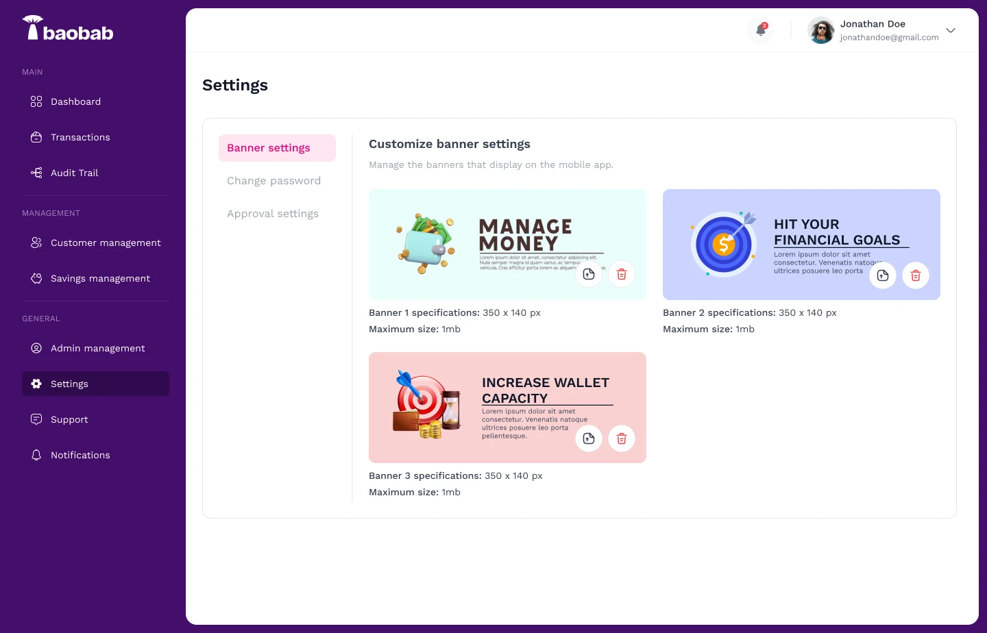 Banner settings in the Jollof+ admin, showing the three banners used in the mobile app
