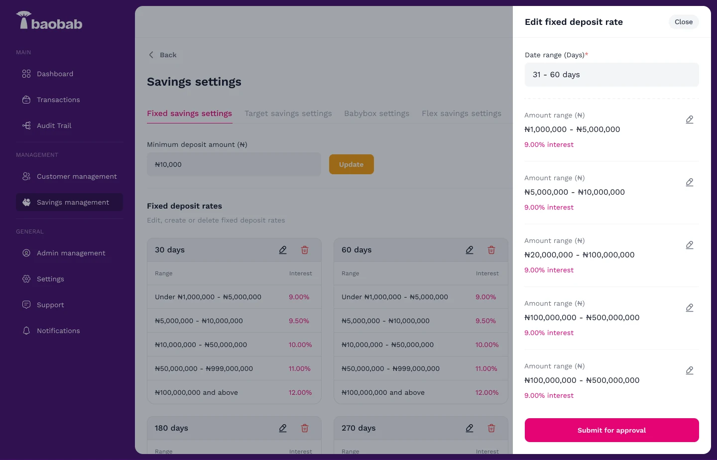 Editing fixed deposit rates in the Jollof+ admin, with a Submit for approval button
