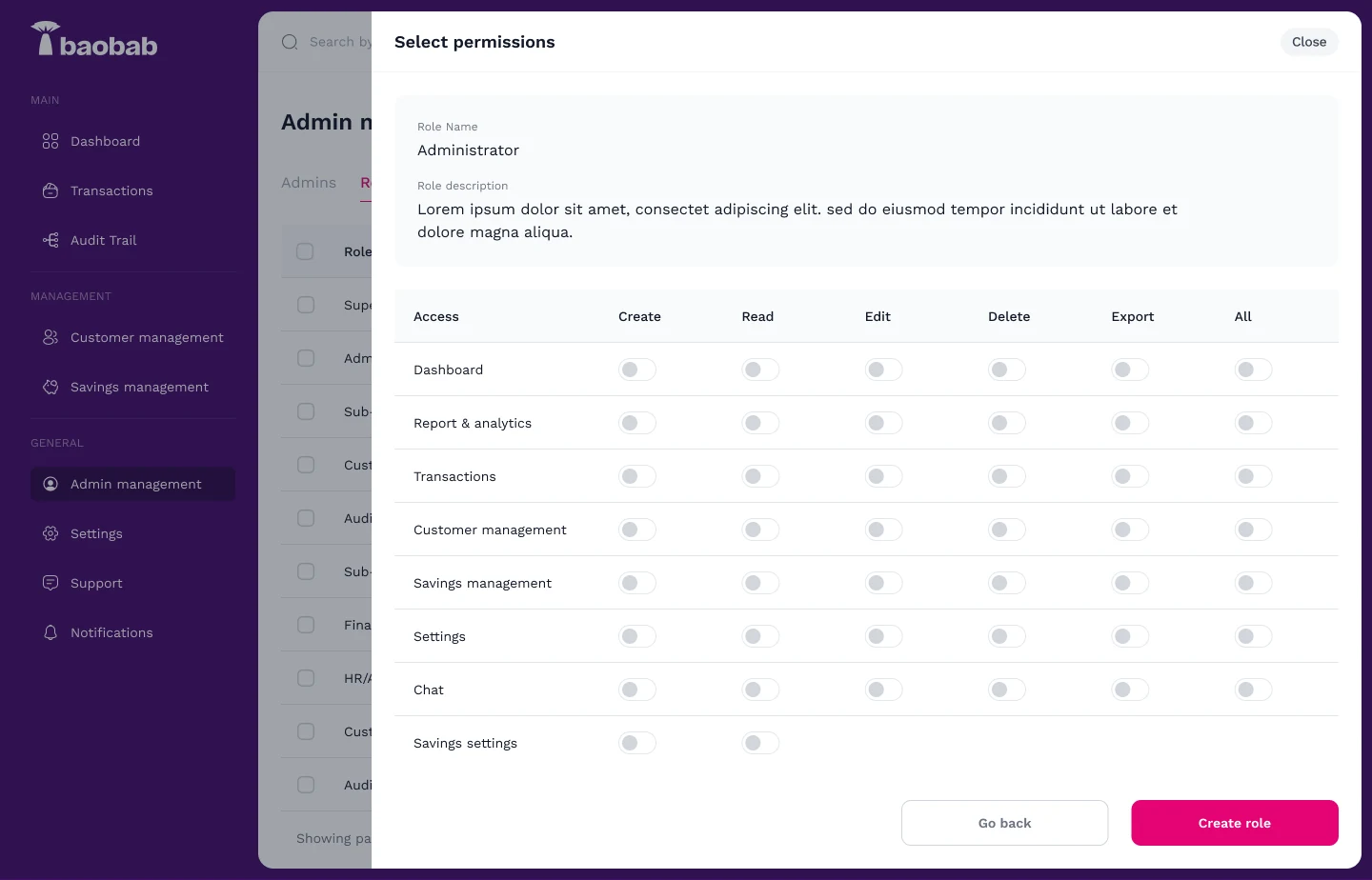 Creating a role and selecting permissions in the Jollof+ admin