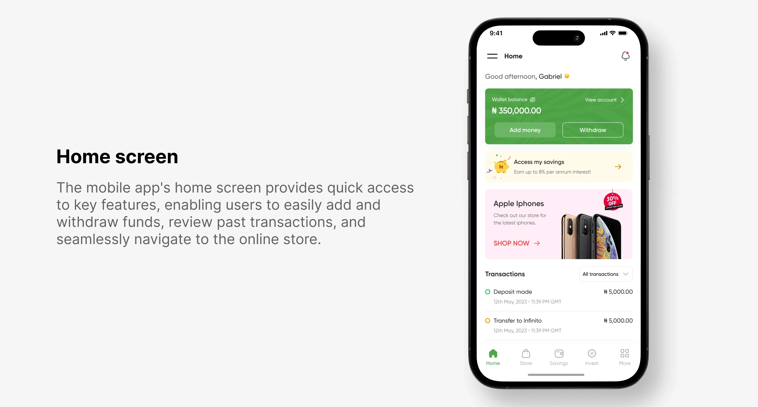 The Paysmosmo mobile home screen