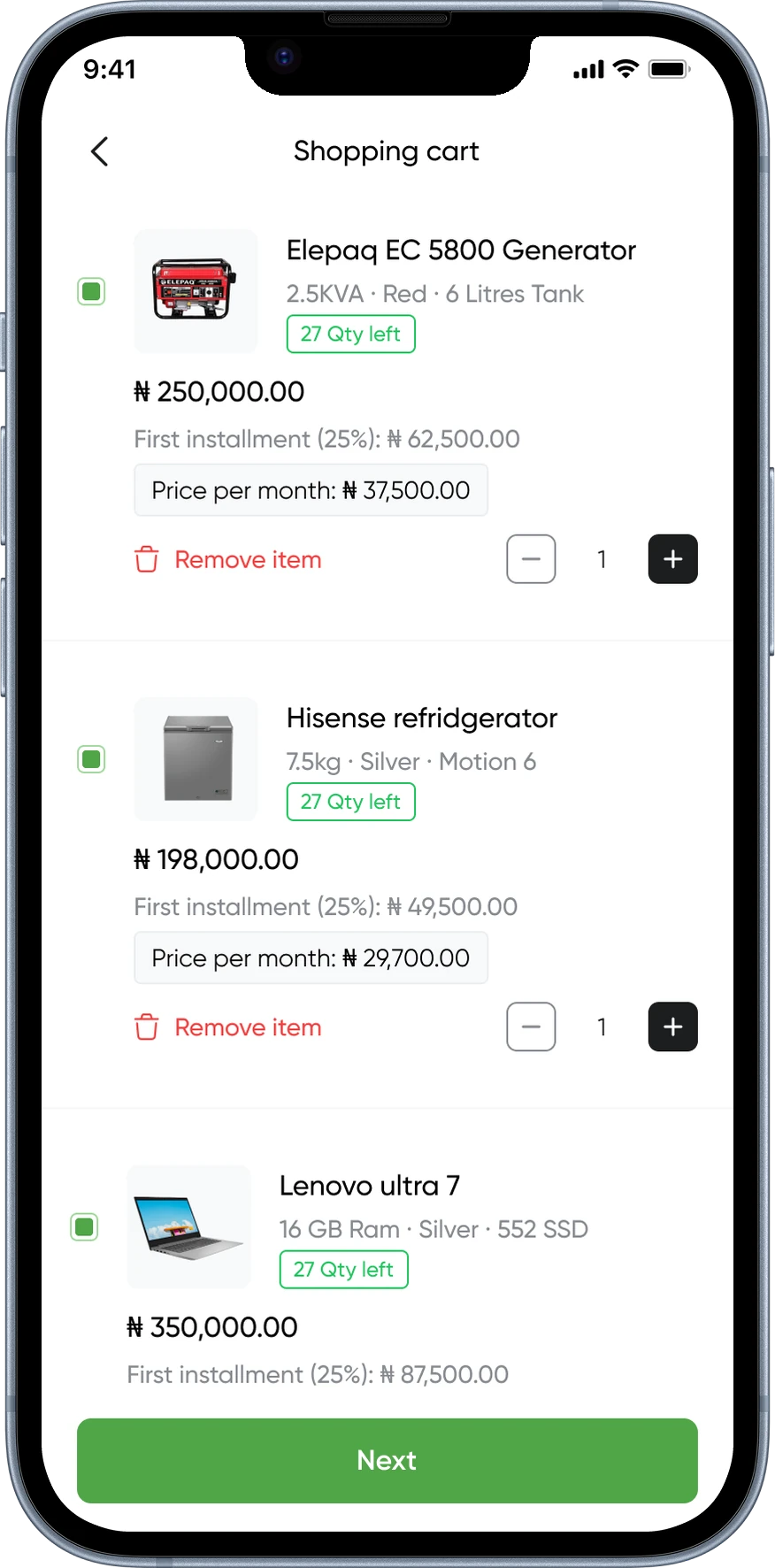 Paysmosmo mobile: shopping cart with first instalment and monthly price for each item