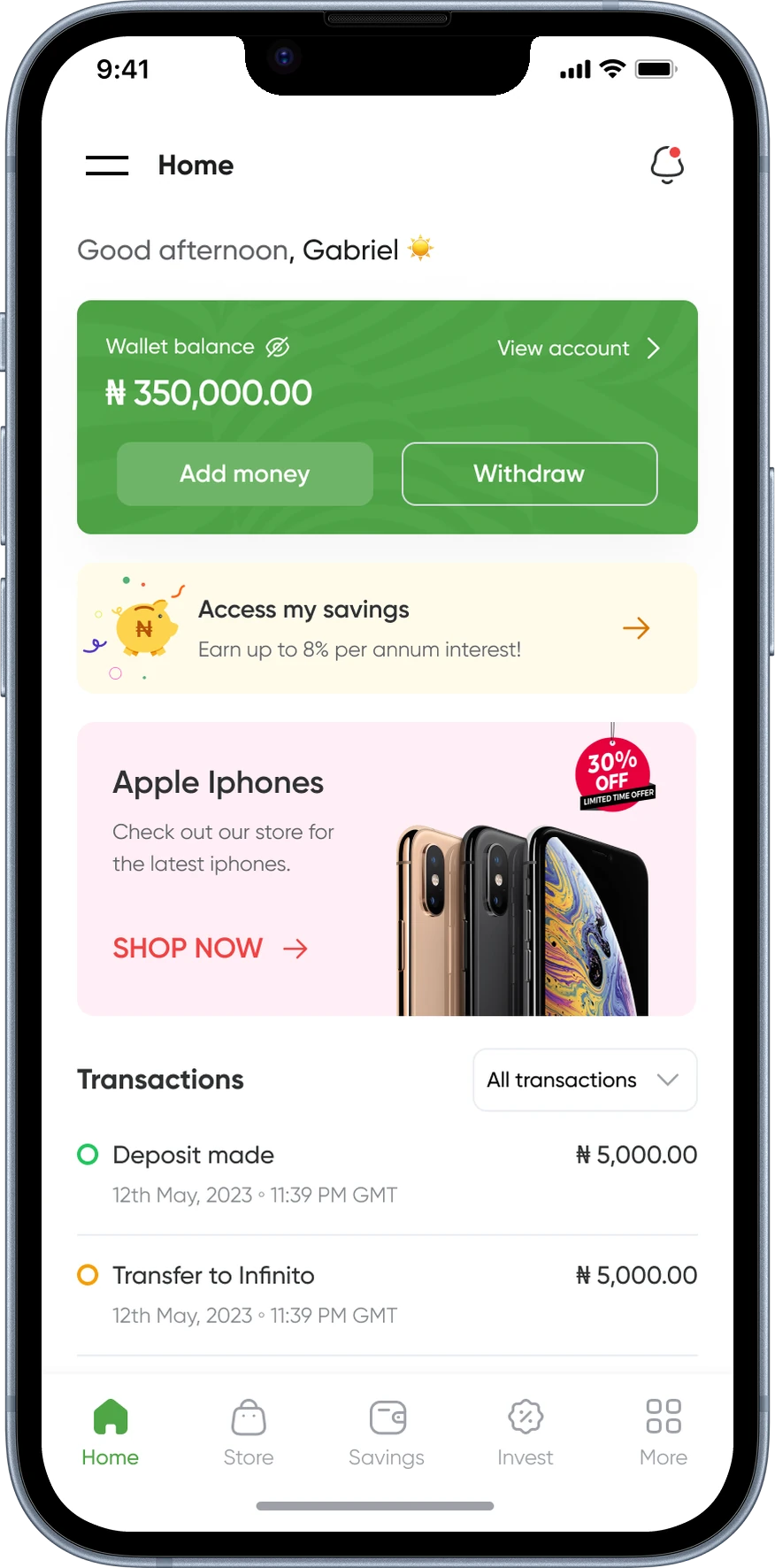 Paysmosmo mobile: home with wallet balance and transactions