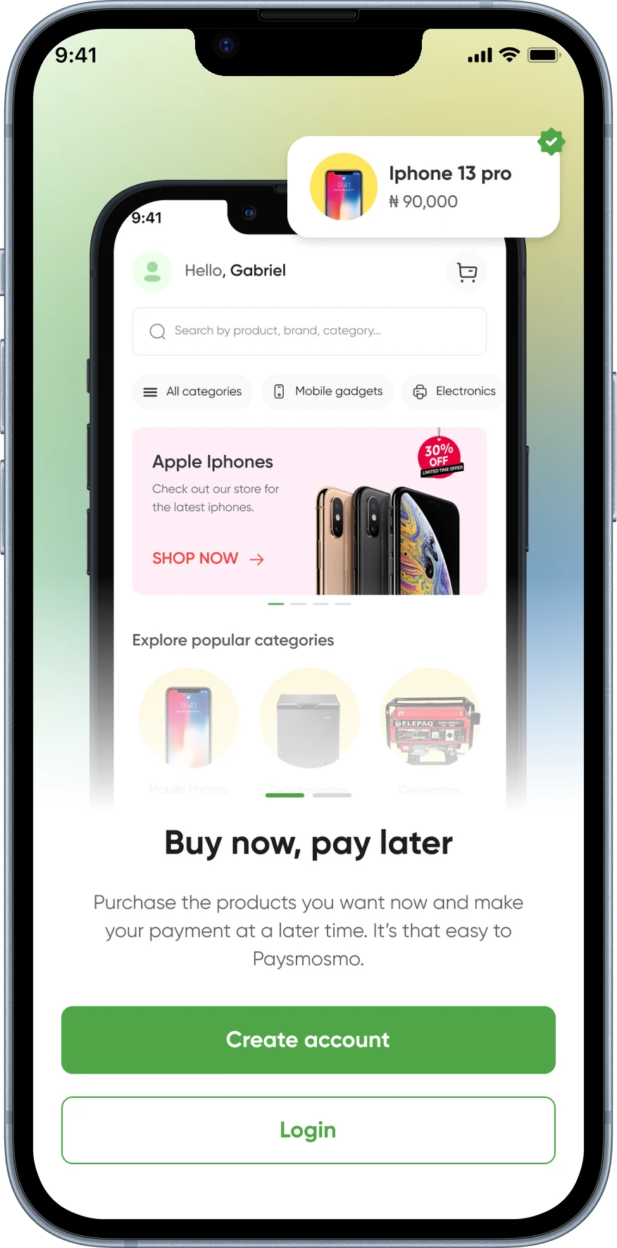 Paysmosmo mobile: welcome screen, Buy now, pay later