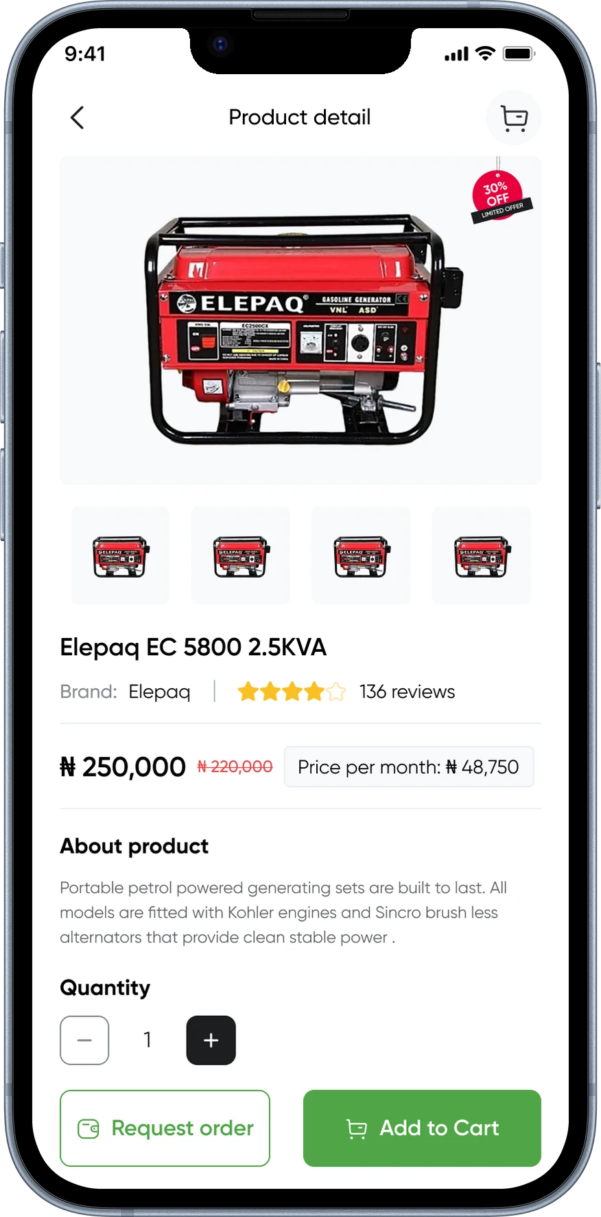 Paysmosmo mobile: product page with price per month