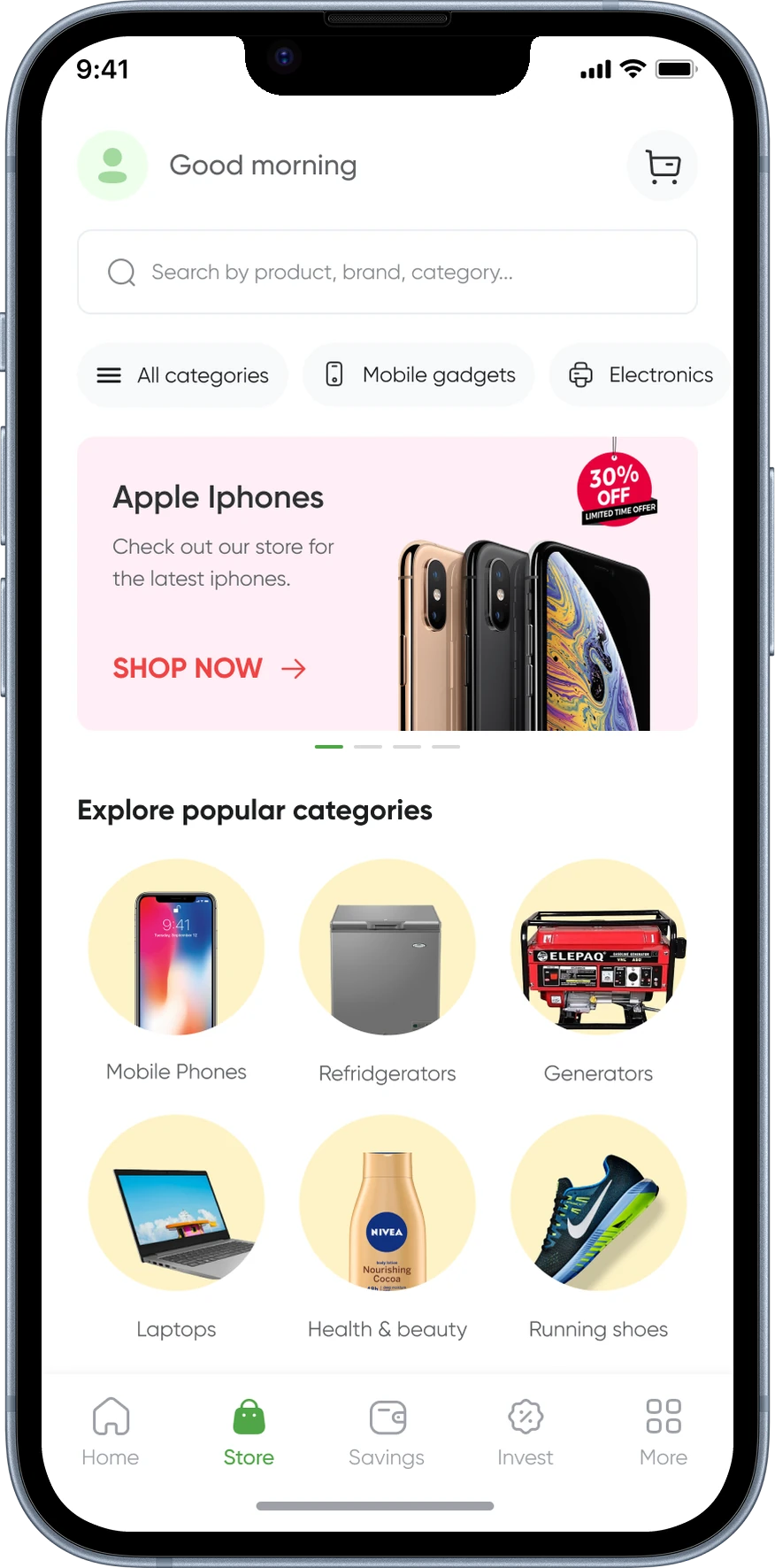 Paysmosmo mobile: the store with popular categories