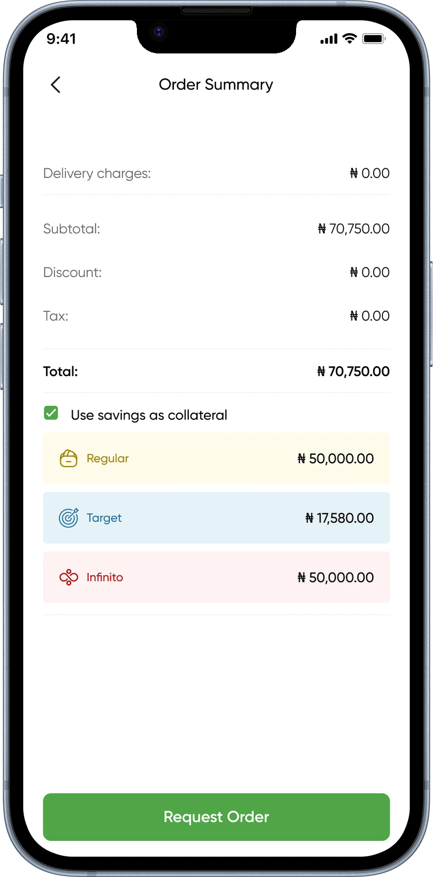 Paysmosmo mobile: order summary, using savings as collateral